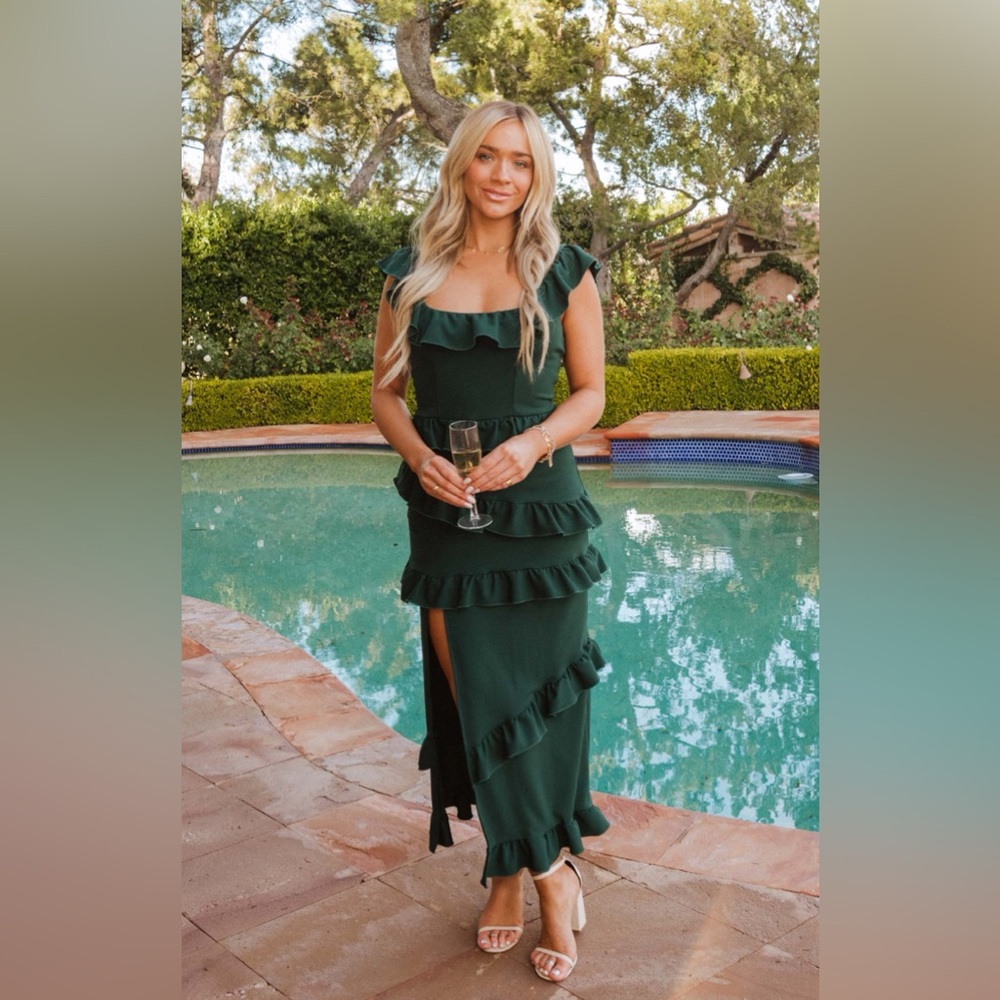 Show Me Your MuMu Dark Green Ruffle Midi Dress